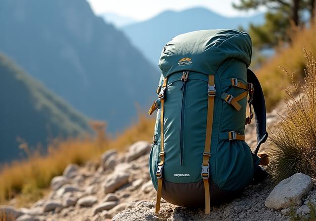 Premium hiking backpack on mountain trail
